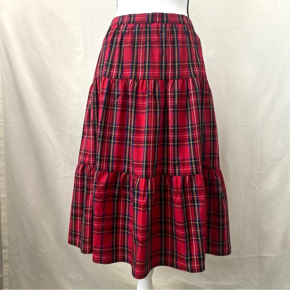 J. Crew NWT Red Black Tartan Plaid 3 Tiered Ruffle Midi Skirt size Large - Picture 8 of 15